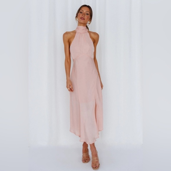 Hello Molly Maxi Midi Dress Pink Halter Neck Tie Barbie Bridesmaid Romantic 8 - Picture 3 of 11